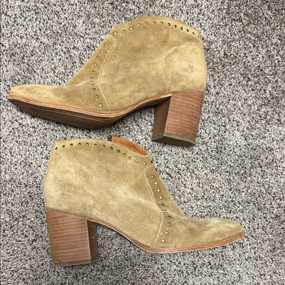 Frye Tan Suede Studded Heeled Booties